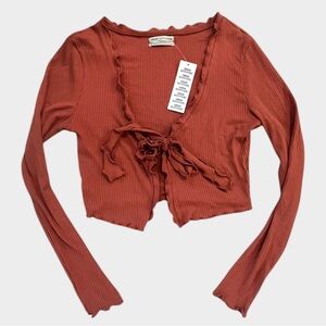 Nwt. Urban Outfitters Rust Orange Front Tie Ribbed Crop Top with Lettuce Hem
